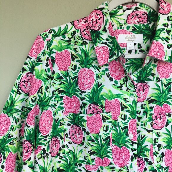 Charter Club Luxury Shirt M Linen Button Up Top Pineapple Print Casual Tropical - Picture 7 of 13